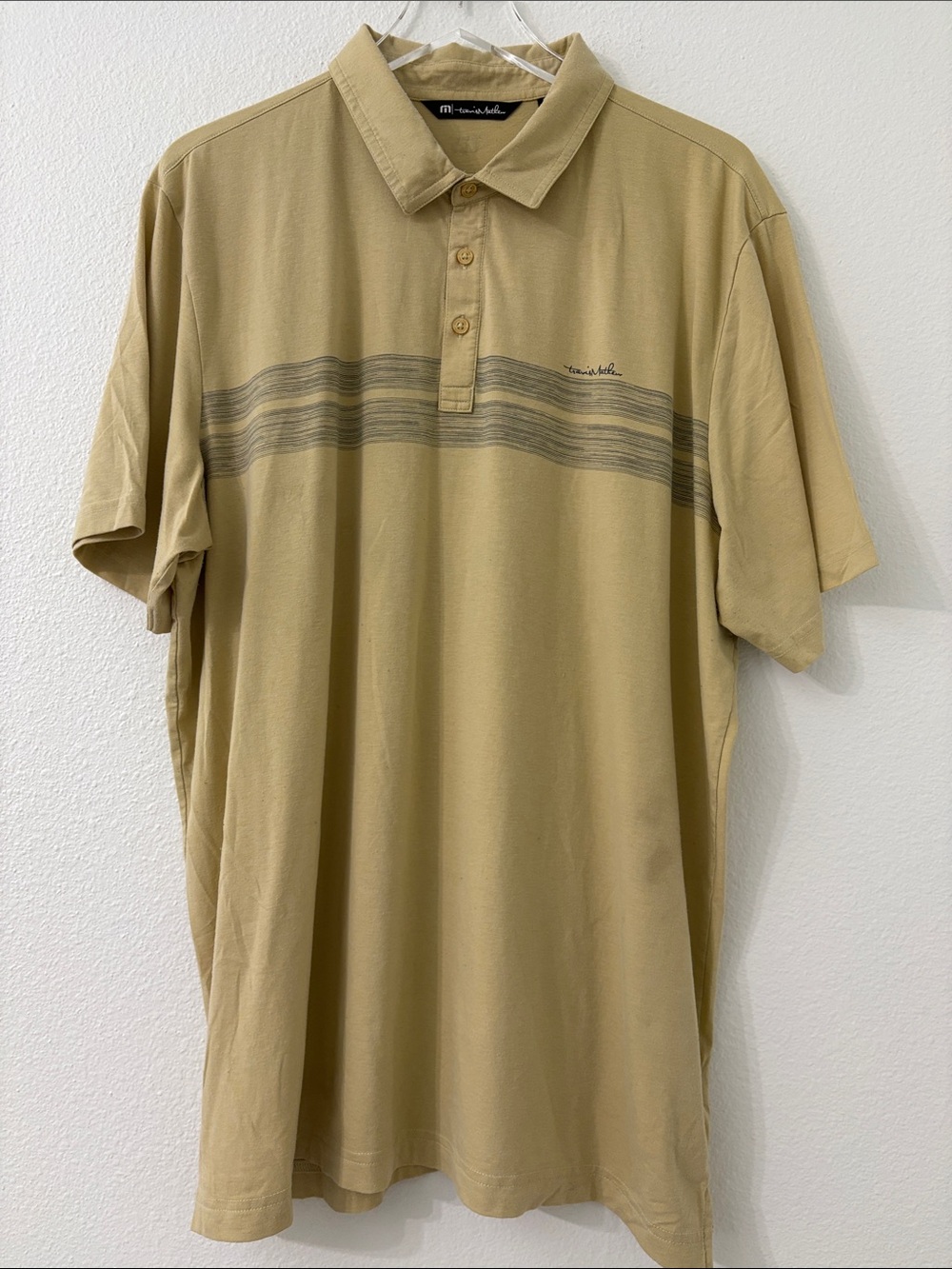 Travis Mathew Tan Polo with Horizontal Olive Stripe
